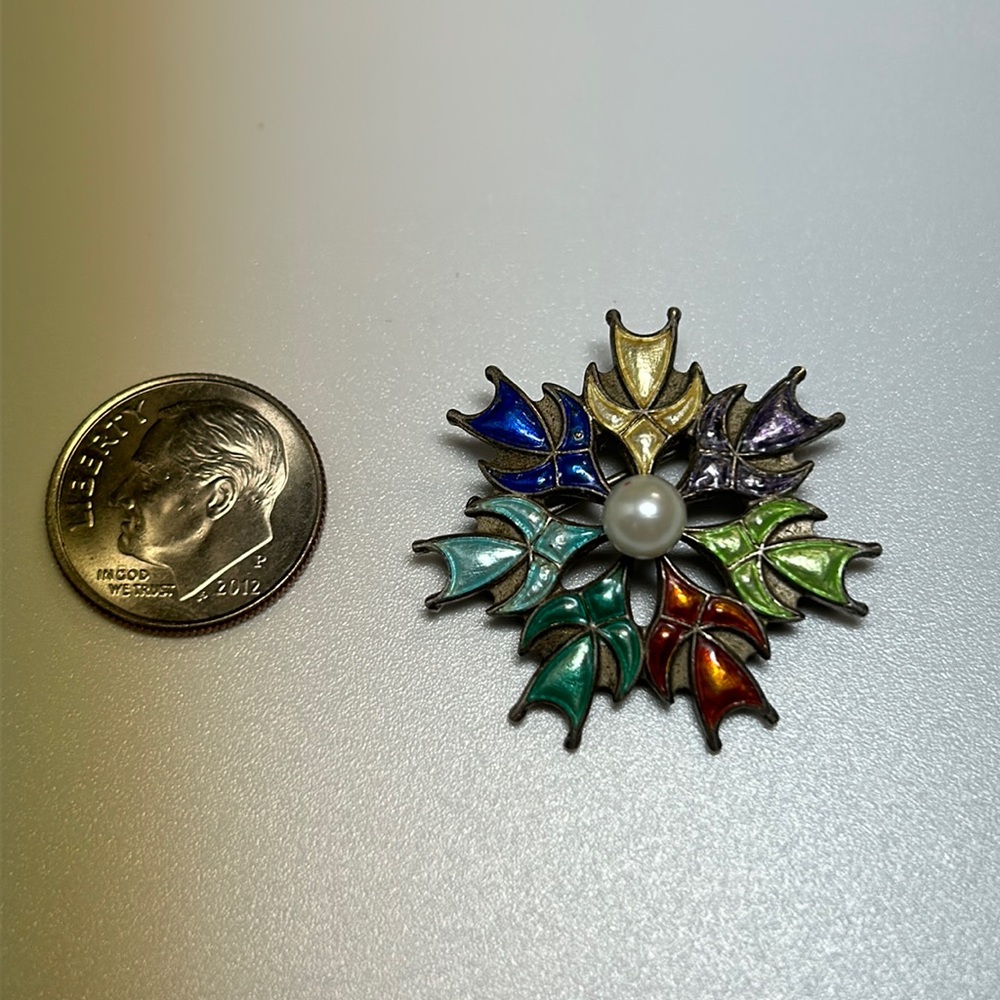 Vintage Sterling, Enamel and Cultured Pearl Snowflake Pin by Antaya